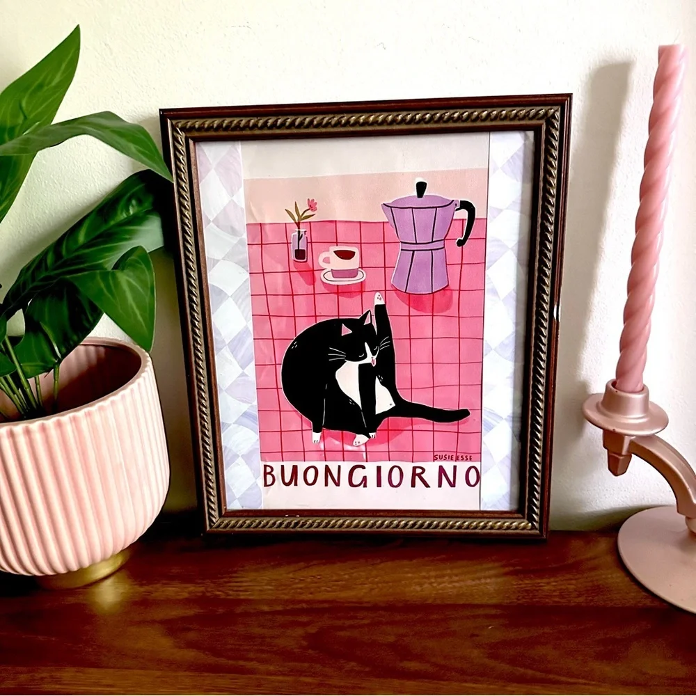 Buongiorno Tuxedo Cat Coffee Espresso Kitchen Canvas Art Print Framed Wall Art